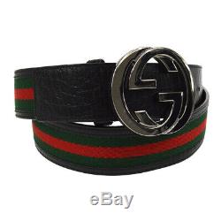 GUCCI Shelly Line Belt Green Red Canvas Leather Italy Vintage S09315f