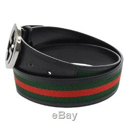 GUCCI Shelly Line Belt Green Red Canvas Leather Italy Vintage S09315f