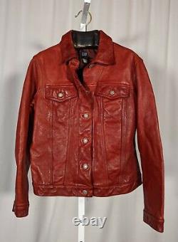 Gap Vintage 1999 Y2K Blood Red Dyed Leather Trucker Rockstar Jacket Medium