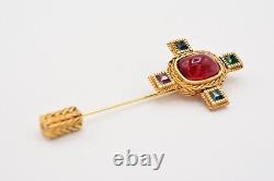 Givenchy Vintage Cabochon Pin Brooch Gold Red Crystal Cross Stick Signed BinAH