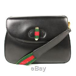 Gucci Shoulder Bag Vintage Black Leather Flap Canvas Green Red StripeTurnlock