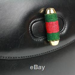 Gucci Shoulder Bag Vintage Black Leather Flap Canvas Green Red StripeTurnlock