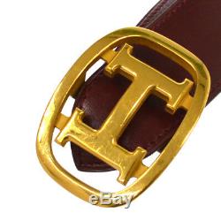 HERMES Buckle Belt Bordeaux Leather France Vintage #85 Authentic A43814g