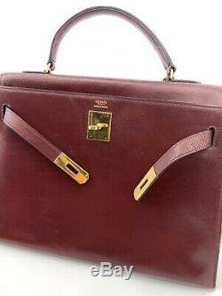 HERMES KELLY 32 Sellier Rouge H Box Calf Bag Vintage France birkin Burgundy Red