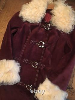 ICONIC VTG 60s 70s BURGUNDY SUEDE LEATHER MONGOLIAN FUR S LONG COAT BUCKLES