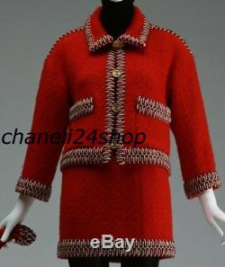Iconic Chanel Vintage Red Wool Tweed Thick Braid Trim Jacket Skirt Suit Fr 38