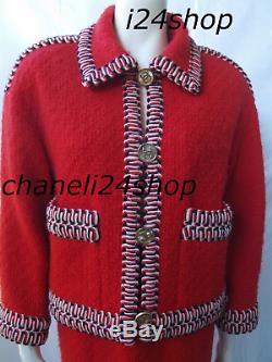 Iconic Chanel Vintage Red Wool Tweed Thick Braid Trim Jacket Skirt Suit Fr 38