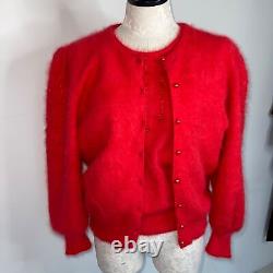 J Fashion Vintage Womens Twin Set Red Size Large Angora Ribbon Puff Sleeve Bows