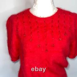 J Fashion Vintage Womens Twin Set Red Size Large Angora Ribbon Puff Sleeve Bows