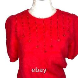 J Fashion Womens Twin Set Red Size Large Vintage Angora Ribbon Puff Sleeve Bows