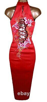 Karen Millen Stunning Vintage Red Satin Oriental Pencil Dress Uk 14