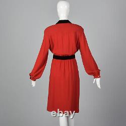 L 1980s Valentino Boutique Long Sleeve Red Dress Button Front Pockets 80s VTG