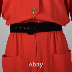 L 1980s Valentino Boutique Long Sleeve Red Dress Button Front Pockets 80s VTG