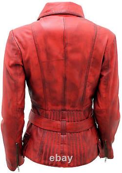 Ladies Casual Vintage Red Long Feminine Nappa Leather Biker Jacket