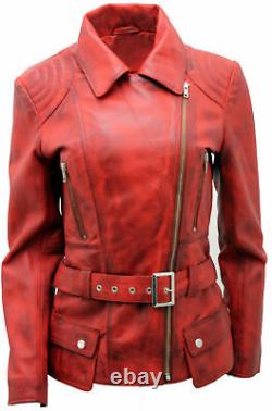 Ladies Casual Vintage Red Long Feminine Nappa Leather Biker Jacket