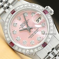 Ladies Rolex Datejust 18k White Gold Diamond Ruby & Steel Pink Dial Watch