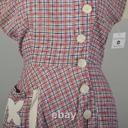 Large 1950s Day Dress Red Plaid Cotton Asymmetrical Tie Back Waist Collared VTG