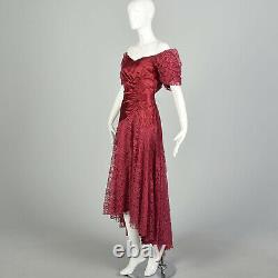 Large 1980s Maroon Lace Off-Shoulder Short Sleeve Asymmetric Vintage Prom Dress