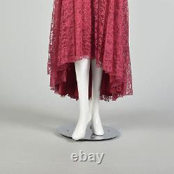 Large 1980s Maroon Lace Off-Shoulder Short Sleeve Asymmetric Vintage Prom Dress