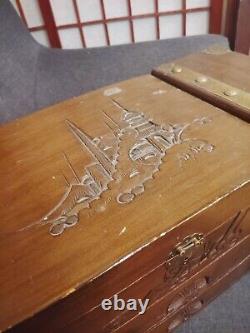 Large vtg solid wood & brass jewelry box chest velvet lined Canada 14