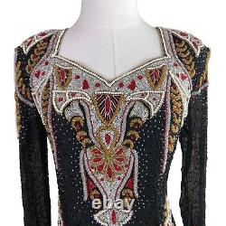 Linzas Vintage Gown Medium Black Red Gold 100% Silk Beaded Long Maxi Sheath