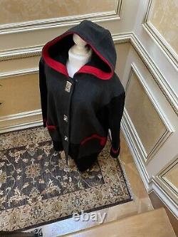 Loring Vintage Womens Hooded Wool Blend Coat Gray/Black/Red Extra Large