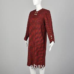 M Adele Simpson Dress 1980s Red Black Houndstooth Plaid Long Sleeve Wool 80s VTG
