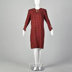 M Adele Simpson Dress 1980s Red Black Houndstooth Plaid Long Sleeve Wool 80s VTG