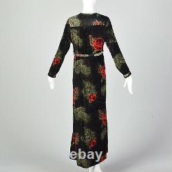 M Black Velour Maxi Dress 1970s Long Sleeves Faux Wrap Red Rose Print 70s VTG