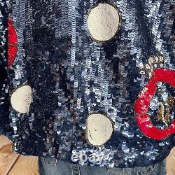 Modi Womens Vintage Full Sequin Beaded Nautical Jacket Size M 8-10 Navy Blue Red