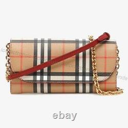 Nwtburberry Vintage Check Leather Chain Shoulder Bag Wallet Clutch Crimson Red