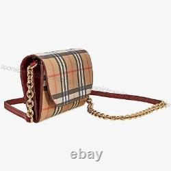 Nwtburberry Vintage Check Leather Chain Shoulder Bag Wallet Clutch Crimson Red