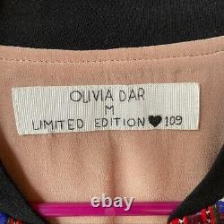 Olivia Dar Vintage Boho Embroidery Silk Bomber Jacket Pink Women's Size M