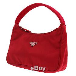 PRADA Logos Hand Bag Red Nylon Canvas Italy Vintage Authentic #LL569 Y