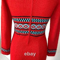 Picardo Knits Sweater Dress Size Small Vintage Red Knit Fitted Midi Cowl Neck