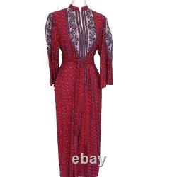 Ramona Rull Dress Vintage Red Blue Maxi Pattern Cotton Pockets Belt Puff Sleeves