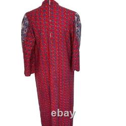 Ramona Rull Dress Vintage Red Blue Maxi Pattern Cotton Pockets Belt Puff Sleeves