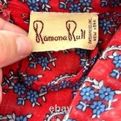 Ramona Rull Dress Vintage Red Blue Maxi Pattern Cotton Pockets Belt Puff Sleeves