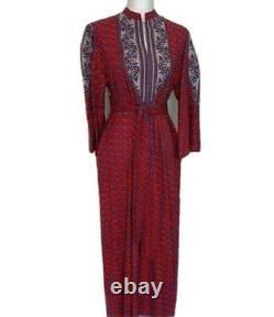 Ramona Rull Dress Vintage Red Blue Maxi Pattern Cotton Pockets Belt Puff Sleeves