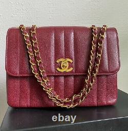Rare CHANEL Vintage Mademoiselle 24k Gold Hardware Red Caviar Leather Flap Bag