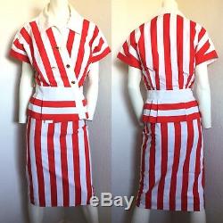 Rare Vintage 80s New Chanel Vibrant Red Striped Cotton Skirt Jacket Suit 38