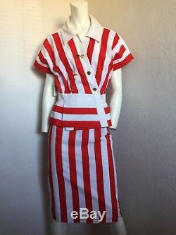 Rare Vintage 80s New Chanel Vibrant Red Striped Cotton Skirt Jacket Suit 38