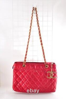 Rare Vintage CHANEL Matelasse Lambskin Double Chain Bag Red Gold Metal