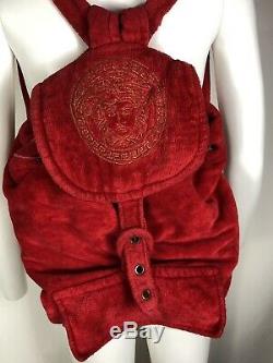 Rare Vtg Gianni Versace Red Cotton Terry Medusa Embroidered Backpack