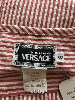 Rare Vtg Gianni Versace Young Red Striped Medusa Button Zip Crop Top XS
