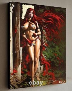 Red Sonja Painting Vintage Woman withCOA Framed Canvas 40X30cm signed