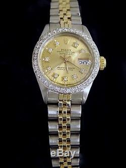 Rolex Datejust 14K Yellow Gold & Steel Watch Diamond Dial White Gold 1ct Bezel
