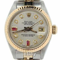 Rolex Datejust 6917 Ladies Yellow Gold & Steel Watch Silver Diamond Ruby Dial