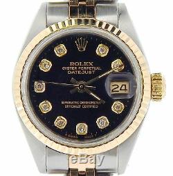 Rolex Datejust Ladies 2Tone 14K Yellow Gold Steel Watch Black Diamond Dial 6917