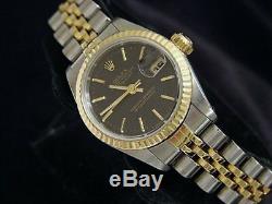 Rolex Datejust Ladies Two-Tone 18K Gold & Steel Watch Black Tapestry Dial 69173